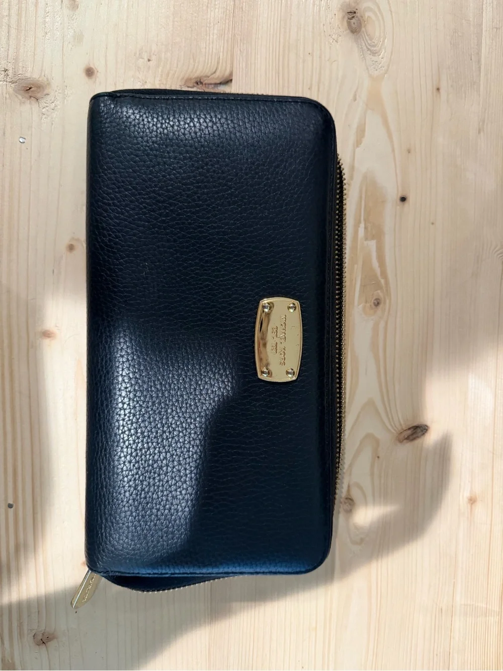Michael Kors Black Pebbled Leather Zip Wallet with Gold Plate